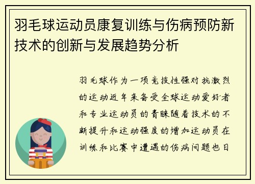 羽毛球运动员康复训练与伤病预防新技术的创新与发展趋势分析